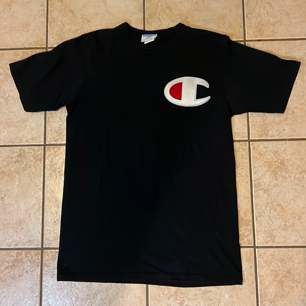 Vintage Champion‎ Black T-Shirt with Front Large Patch, Sz Large